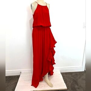 Alexis Red Asymmetrical Ruffled Halter Dress